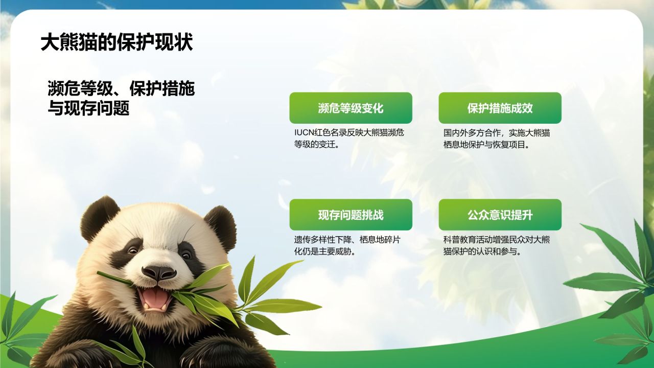 绿色three-d大熊猫保护动物知识科普PPT模板