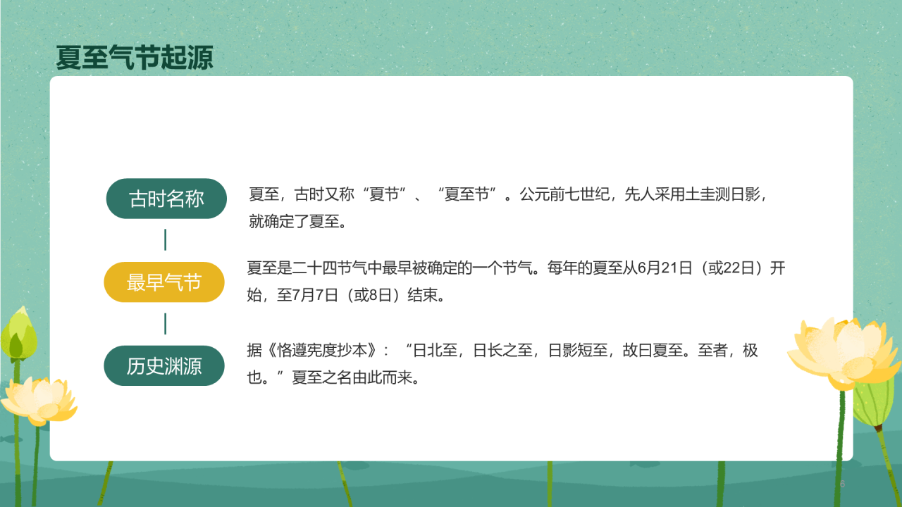 绿色清新荷叶插画夏至节气PPT