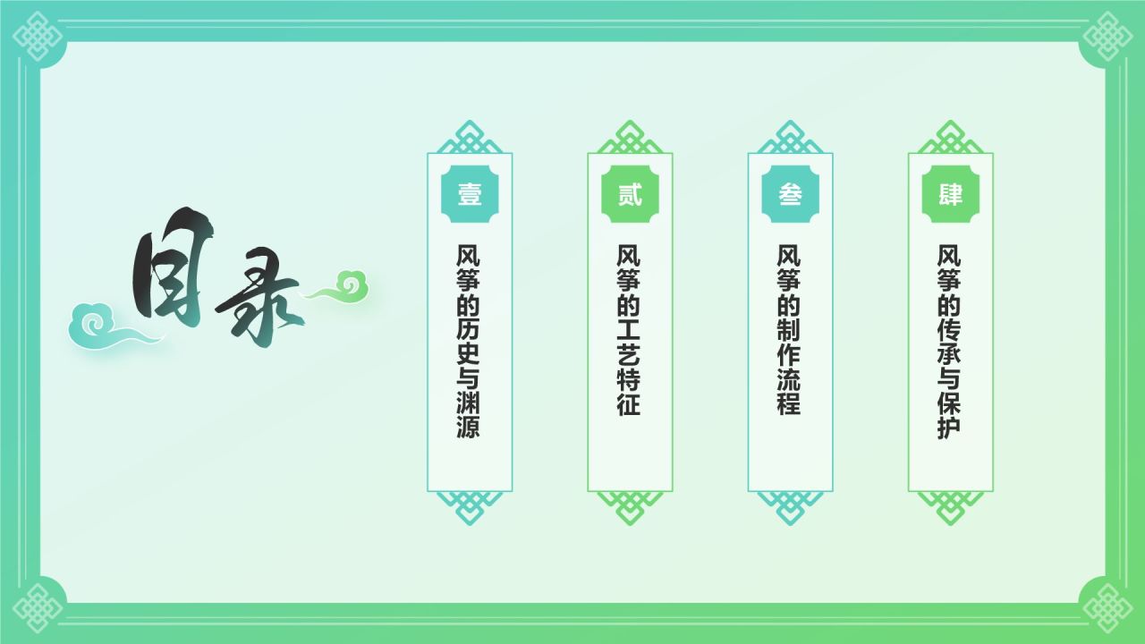 绿色国潮风中国非物质文化遗产——风筝制作工艺PPT模板