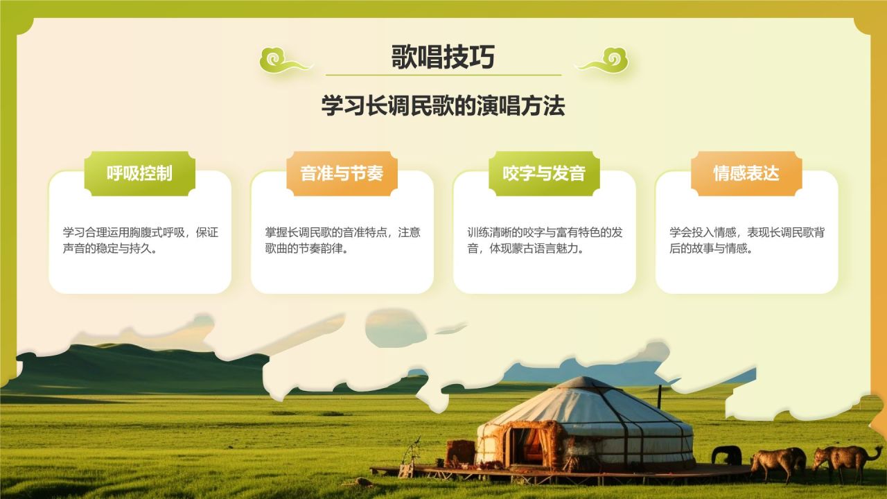黄色国潮风中国非物质文化遗产——蒙古长调民歌PPT模板