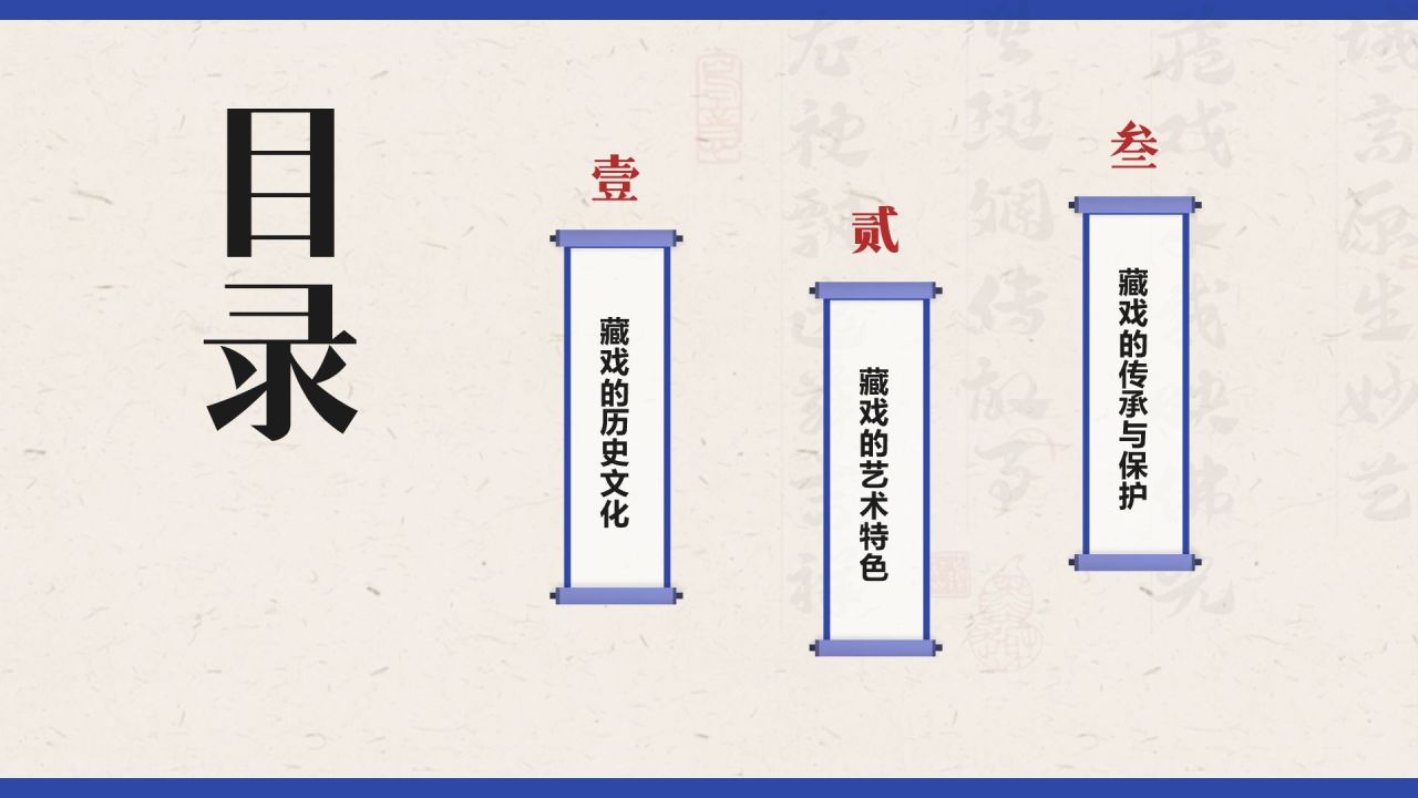 蓝色复古风非遗文化介绍——藏戏PPT模板