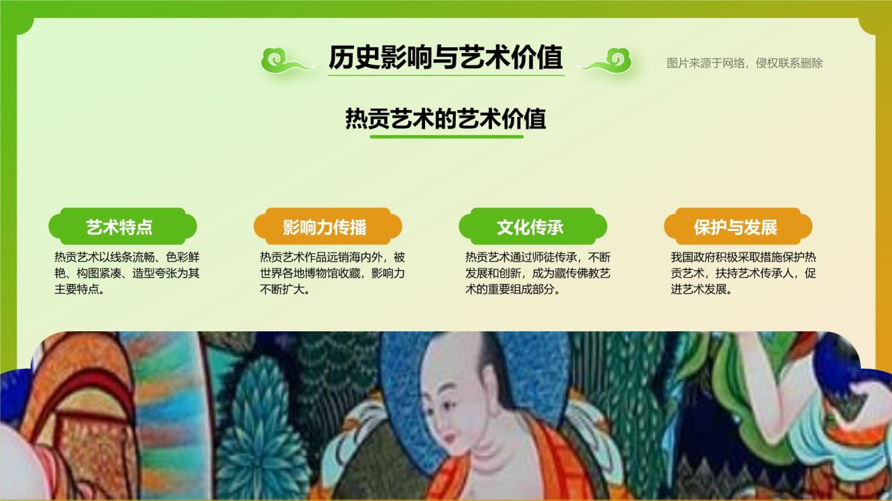 绿色国潮风非遗文化介绍——热贡艺术PPT模板