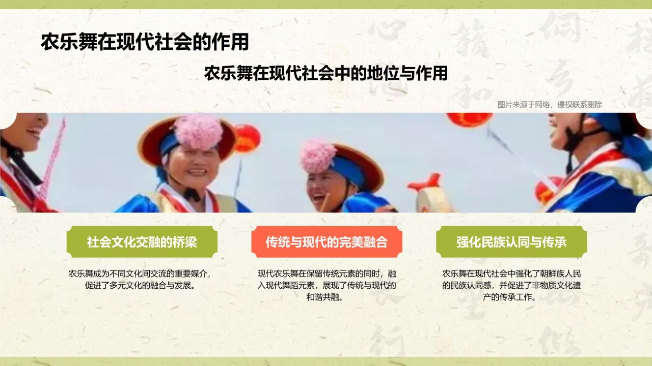 绿色复古风非遗文化介绍——农乐舞PPT模板