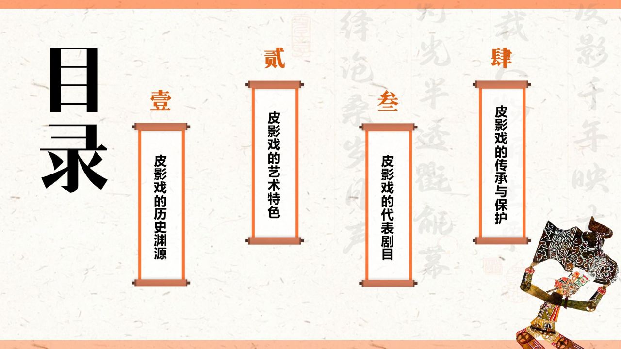 橙色复古风非遗文化介绍——皮影文化PPT模板