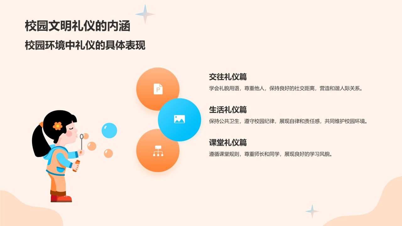 橙色插画风校园学习文明礼仪培训课件PPT模板