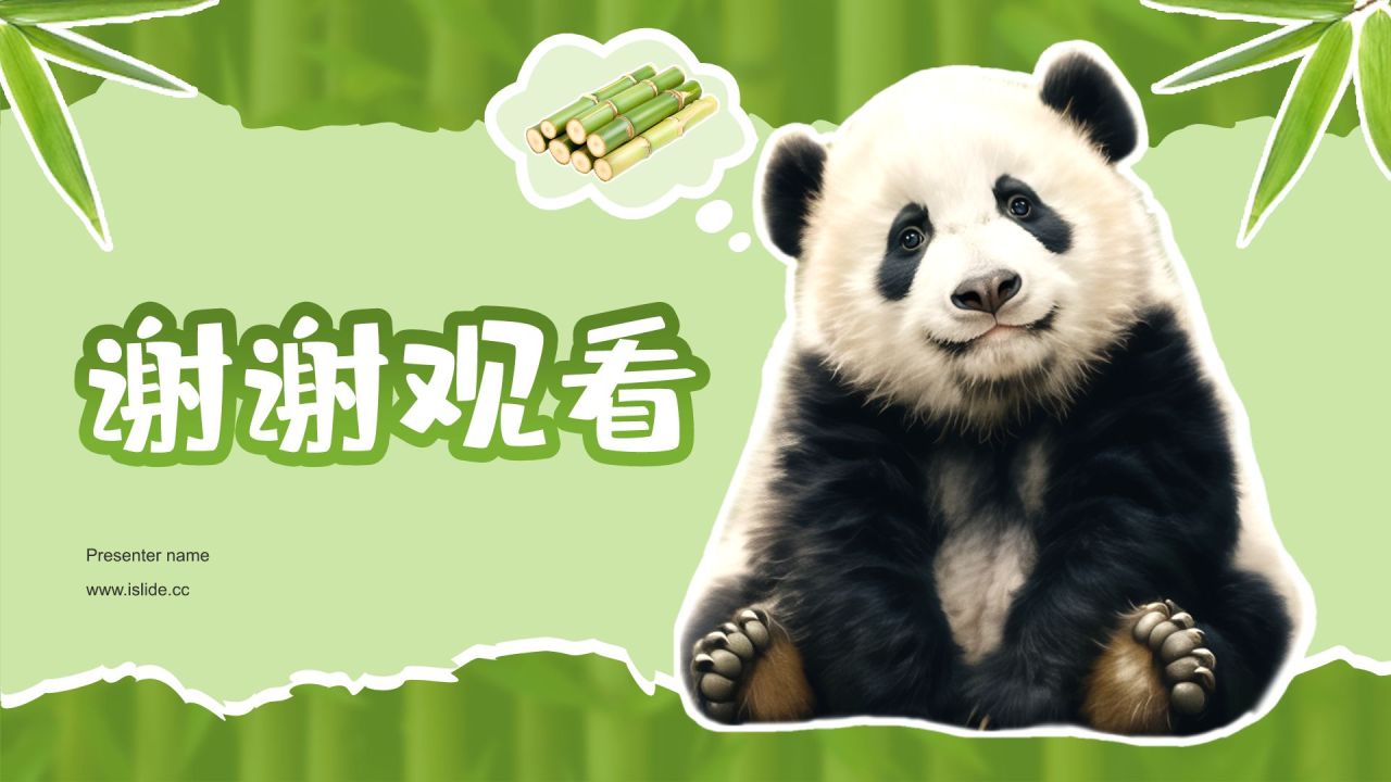 绿色插画风大熊猫知识科普PPT模板