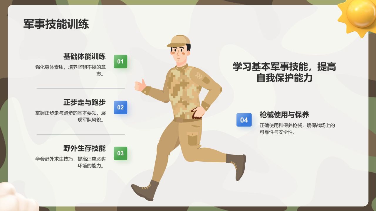 绿色插画风军训指南PPT模板