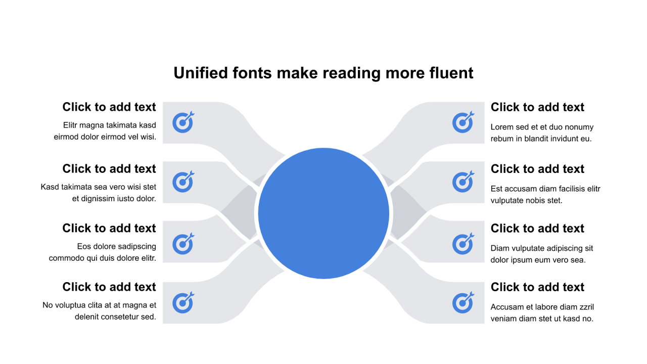 红色圆形扁平8项PPT层次结构