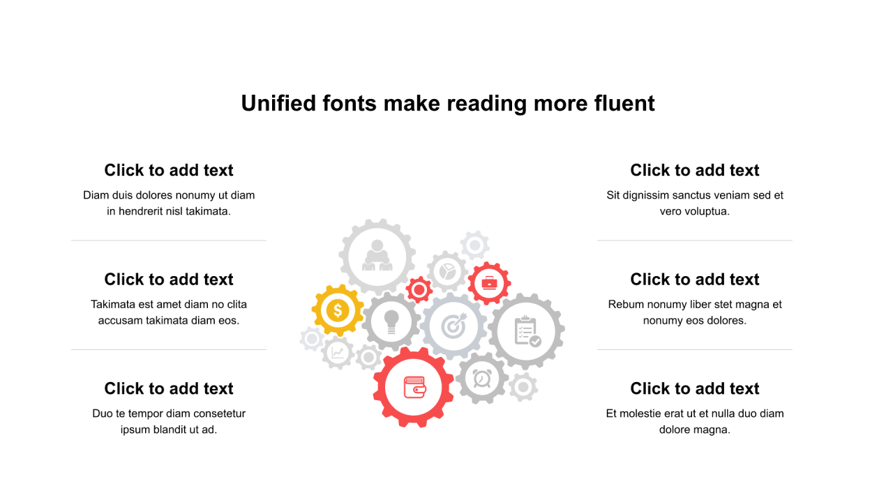 多色齿轮插图扁平6项PPT列表