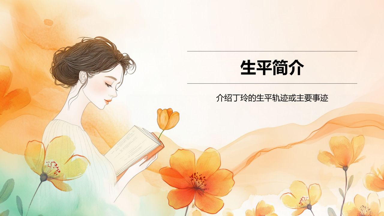 橙色插画风人物介绍:丁玲PPT模板