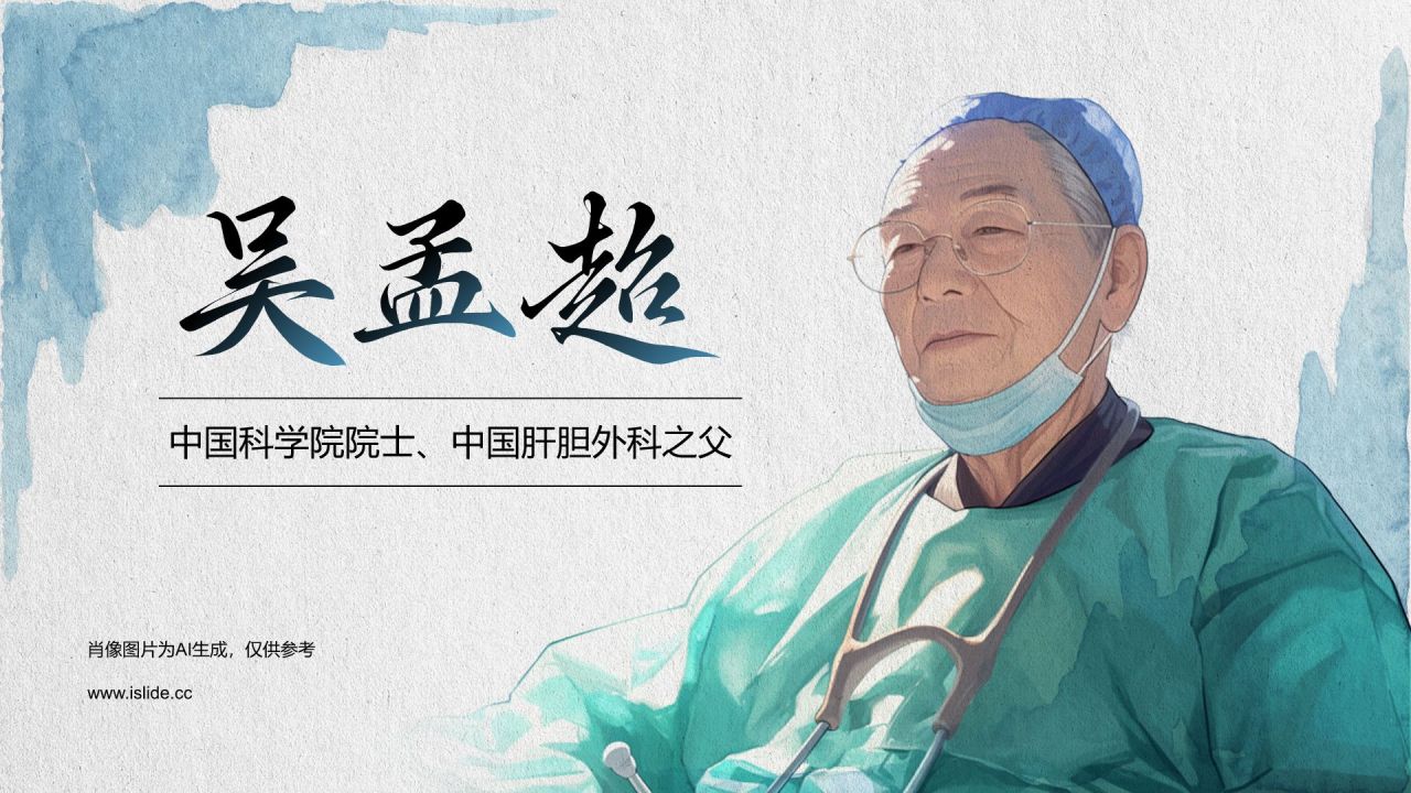 蓝色手绘风人物介绍：吴孟超PPT模板
