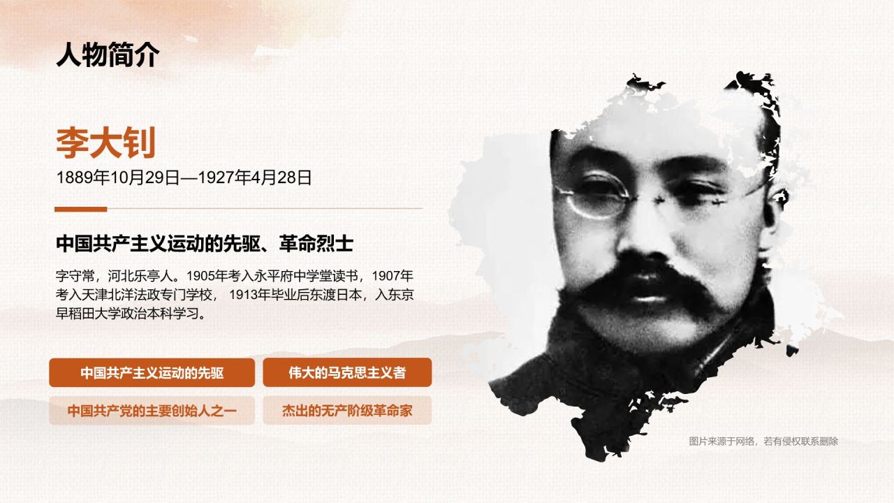 橙色水墨风人物介绍:李大钊PPT模板