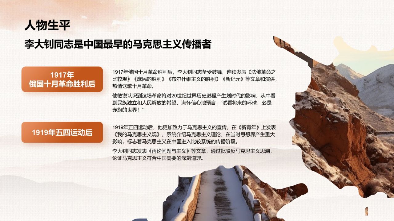 橙色水墨风人物介绍:李大钊PPT模板