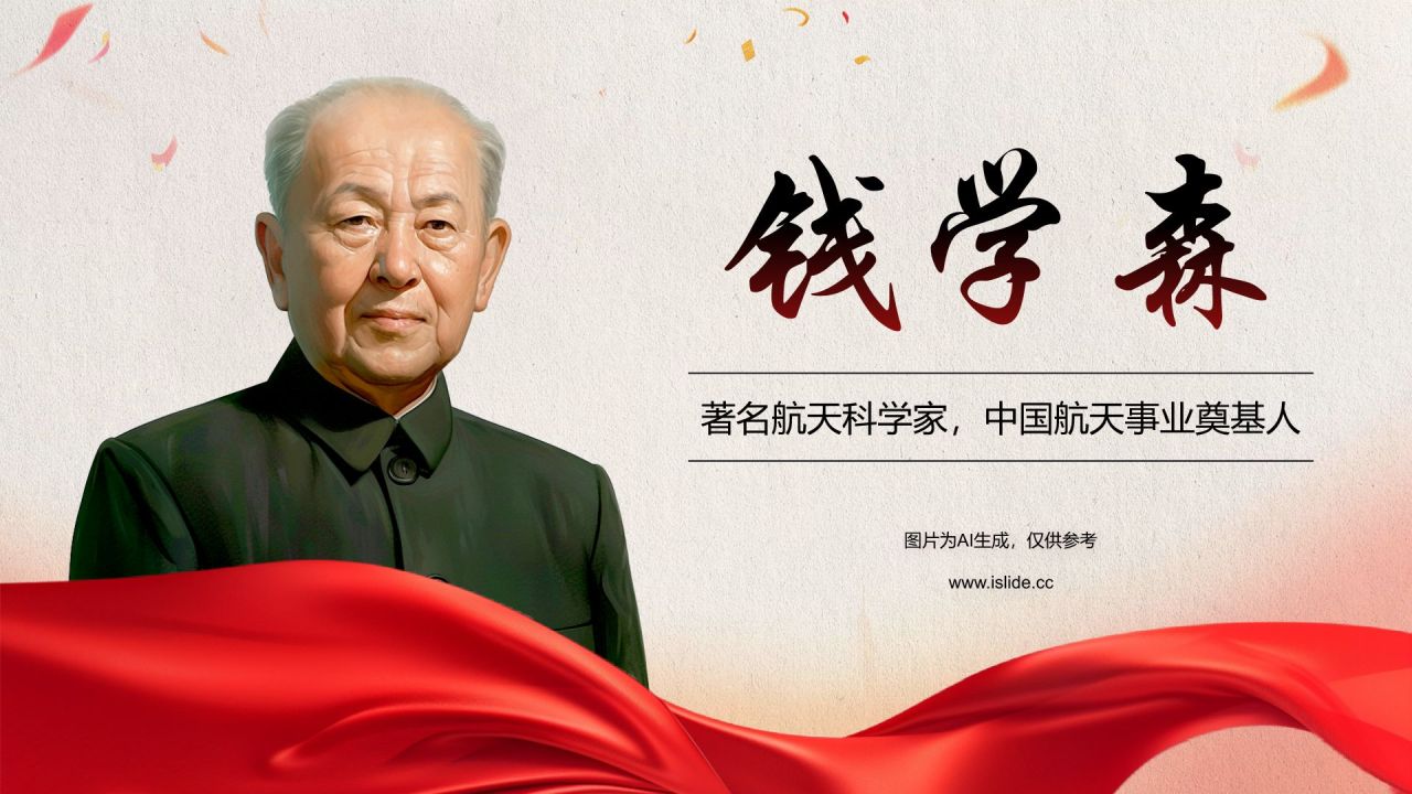 红色党政风人物介绍:钱学森PPT模板