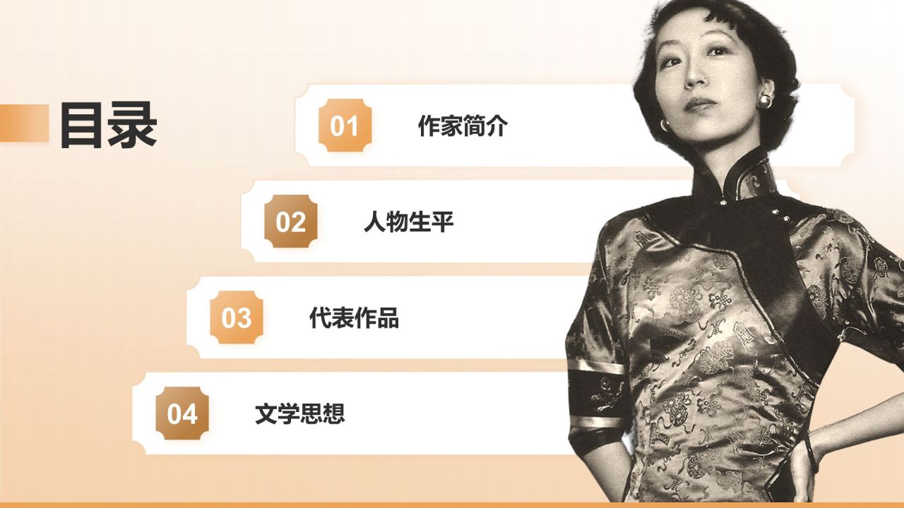 橙色复古风人物介绍——张爱玲PPT模板