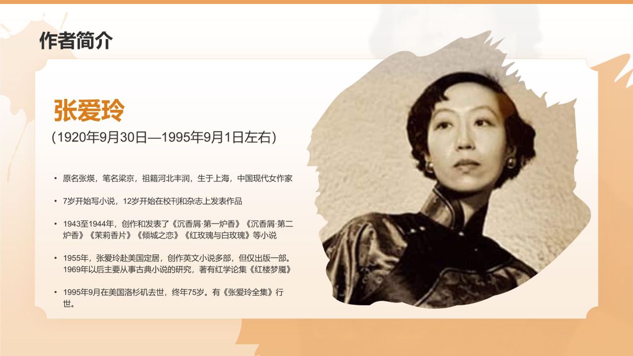 橙色复古风人物介绍——张爱玲PPT模板