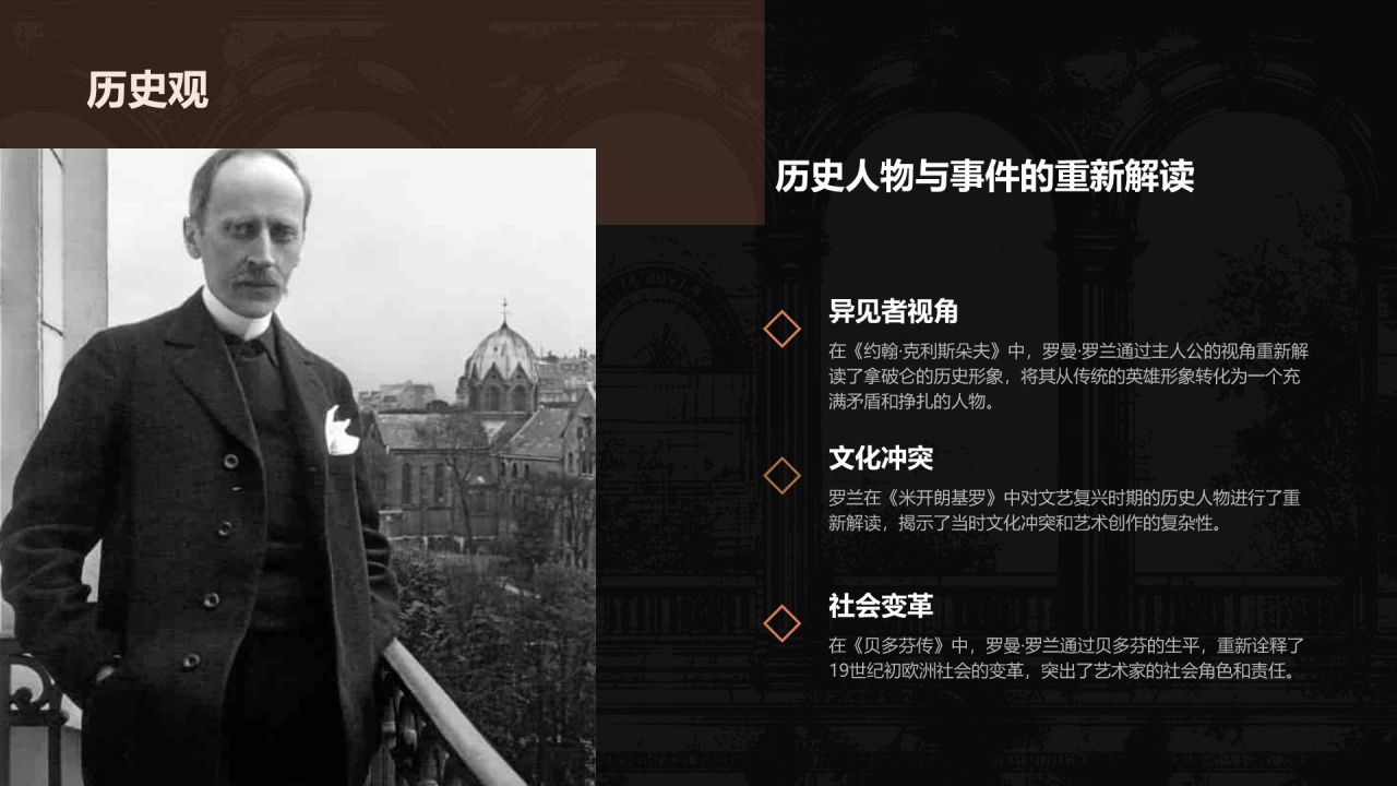 黑色复古风人物介绍——罗曼罗兰PPT模板