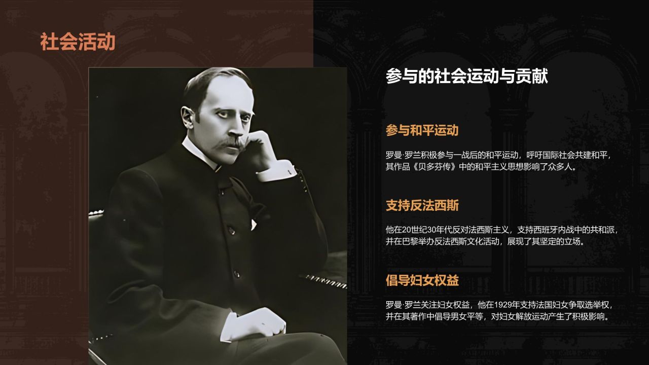 黑色复古风人物介绍——罗曼罗兰PPT模板