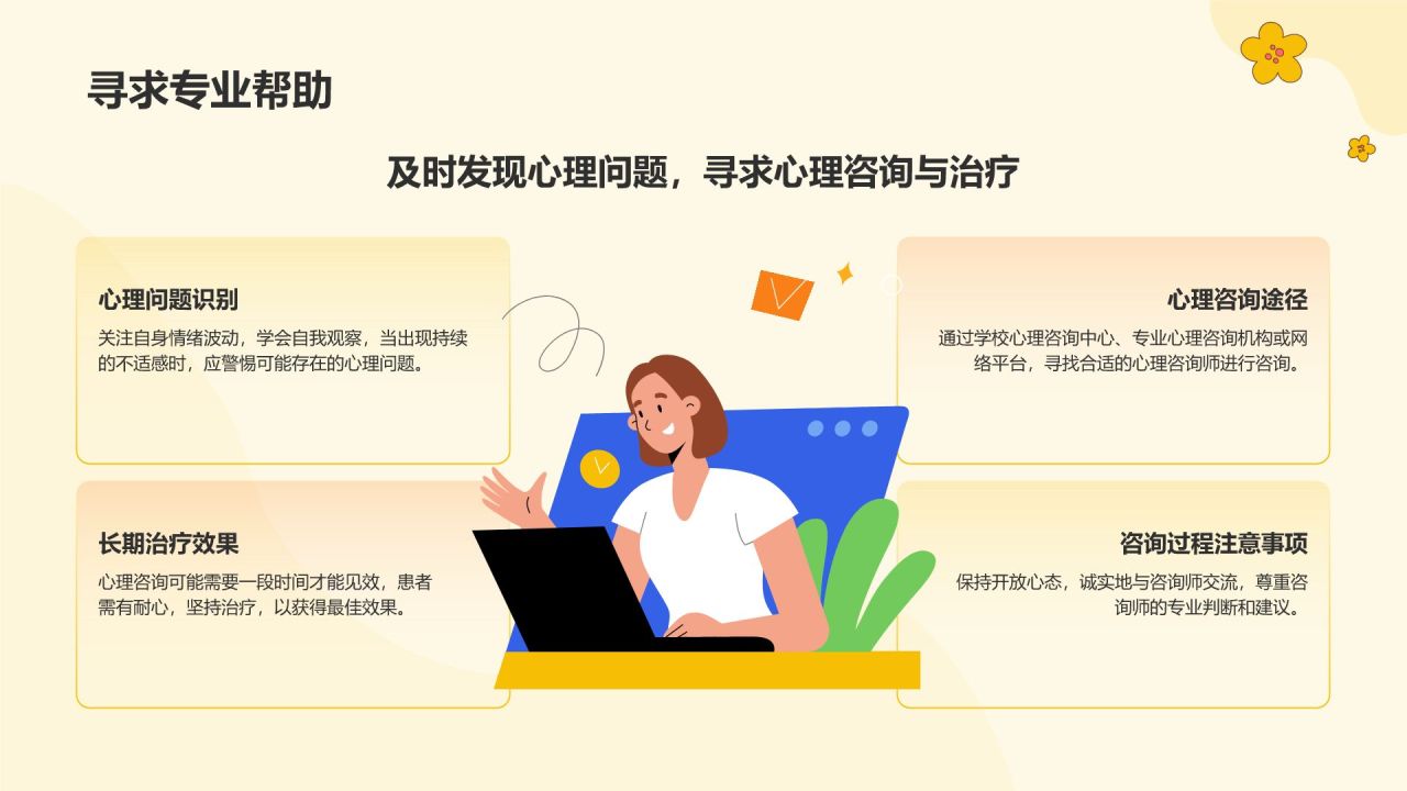 黄色插画风大学生心理健康PPT模板
