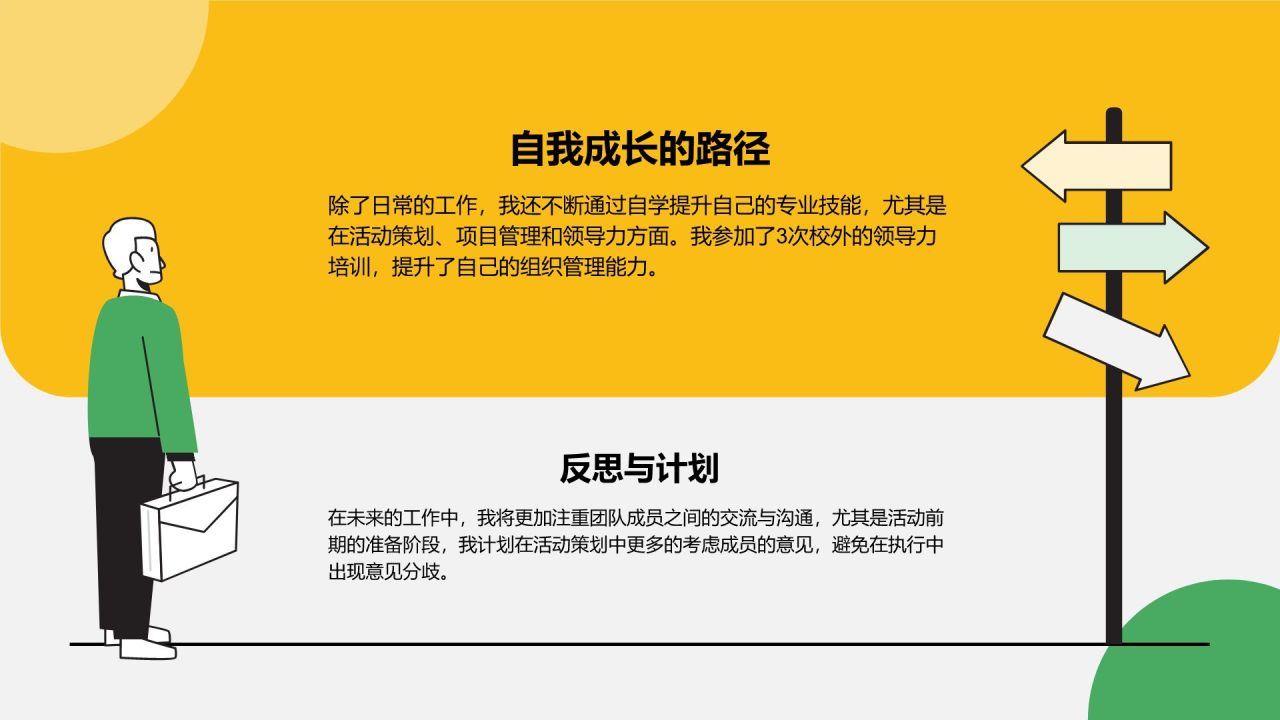 黄色插画风学生会个人年度晋升述职报告PPT模板