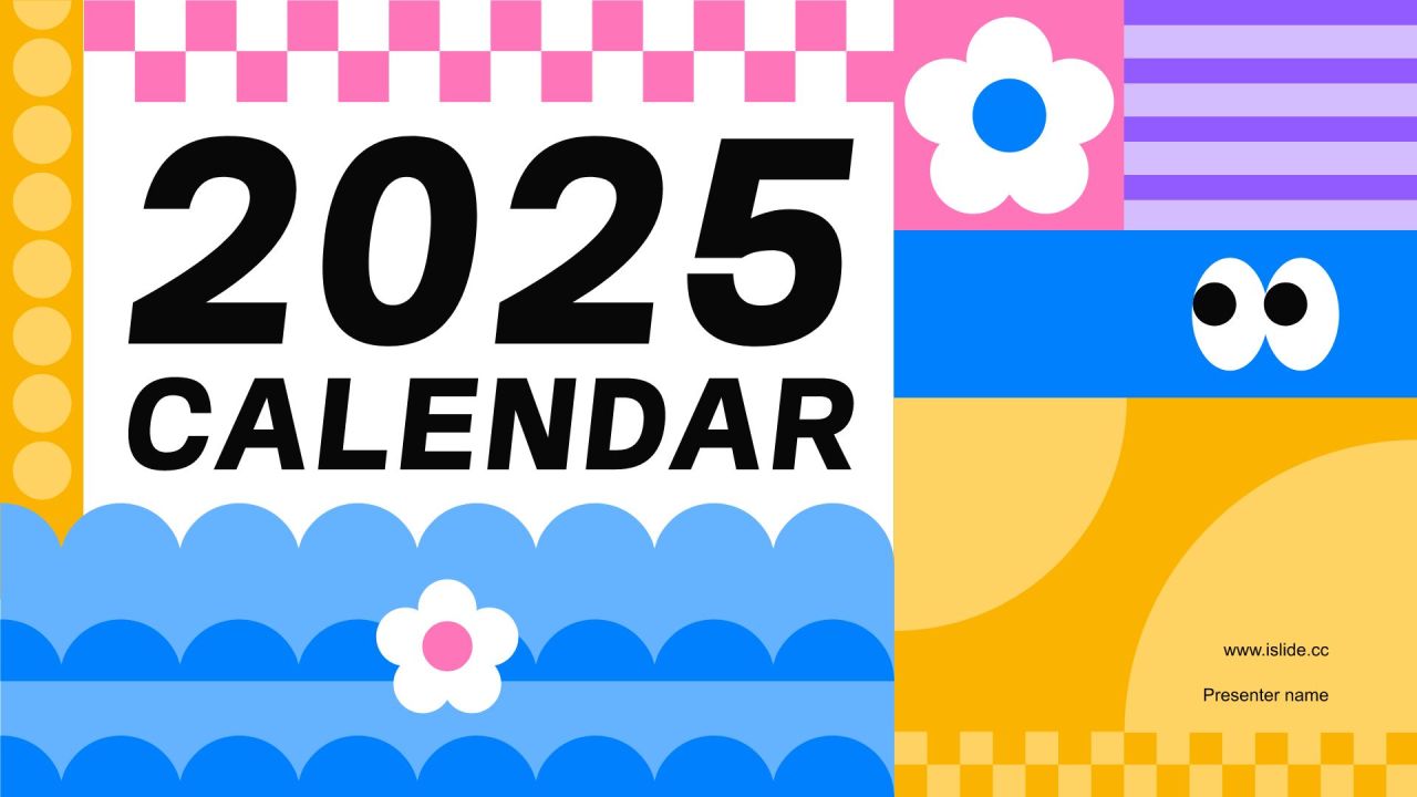 蓝色扁平风创意扁平风2025年日历PPT模板