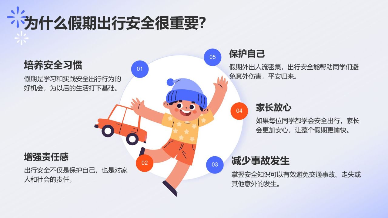 蓝色插画风假期安全教育班会PPT模板