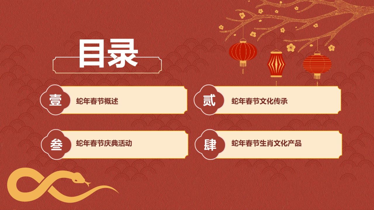 红色复古风蛇年春节生肖文化PPT模板