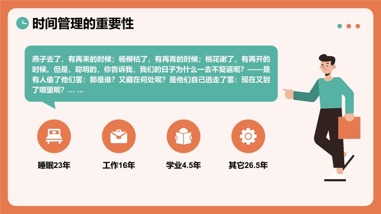橙色插画风时间管理与高效生活习惯分享主题教育PPT模板