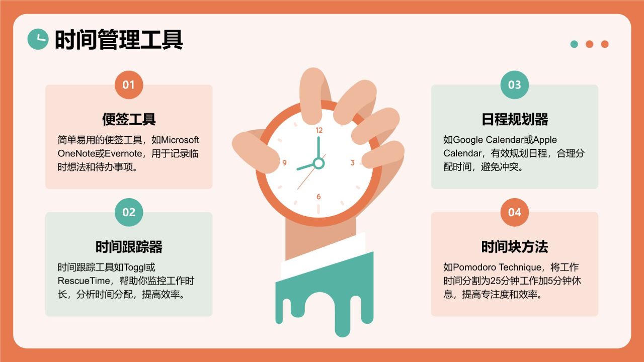 橙色插画风时间管理与高效生活习惯分享主题教育PPT模板