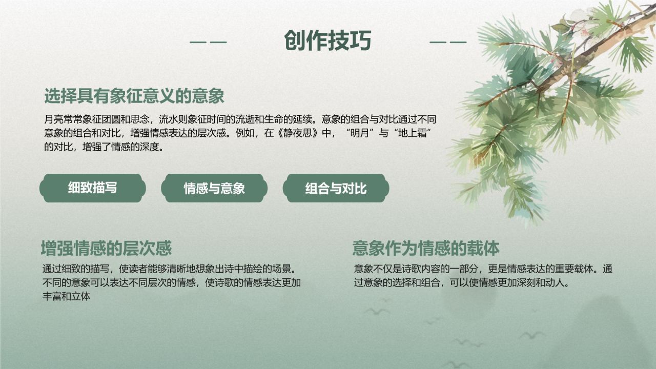 绿色复古风诗歌分享：语言的艺术与美感PPT模板