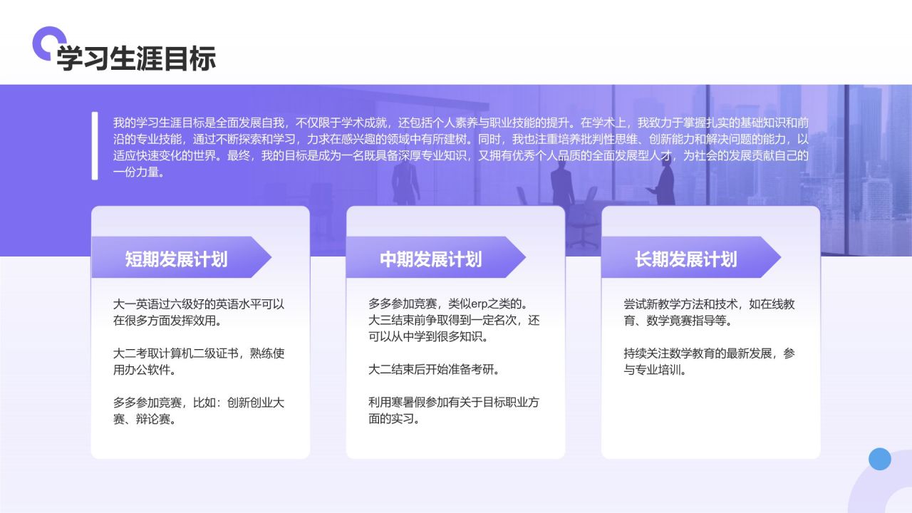 紫色扁平风大学生职业生涯规划PPT模板