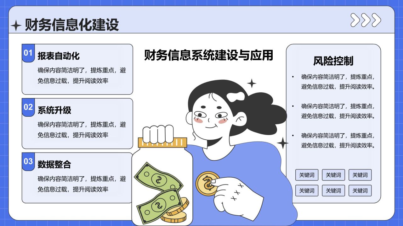 蓝色插画风财务指标与业绩回顾报告PPT模板