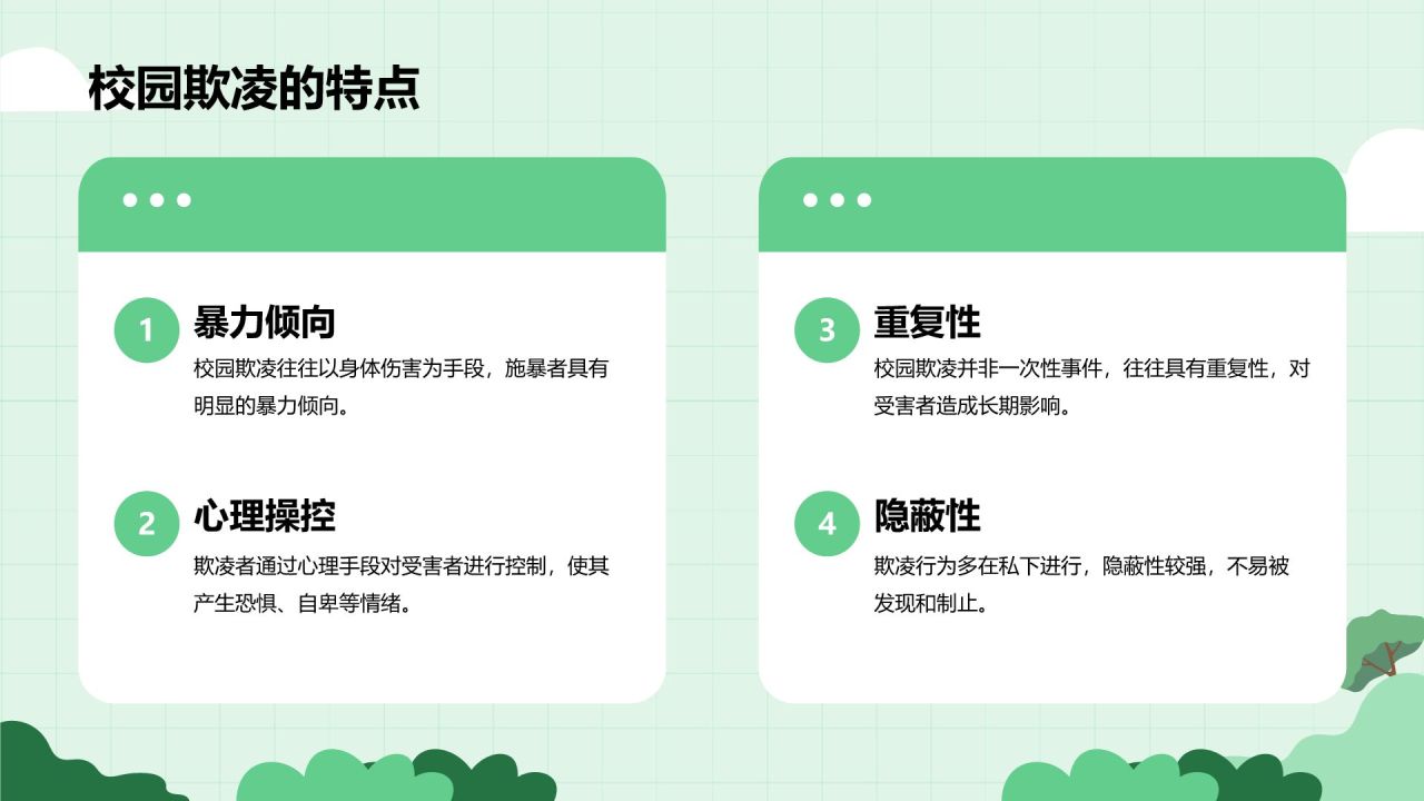 绿色插画风预防校园欺凌,共建安全校园PPT模板