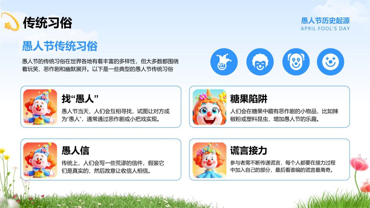 蓝色卡通风愚人节的由来与介绍PPT模板