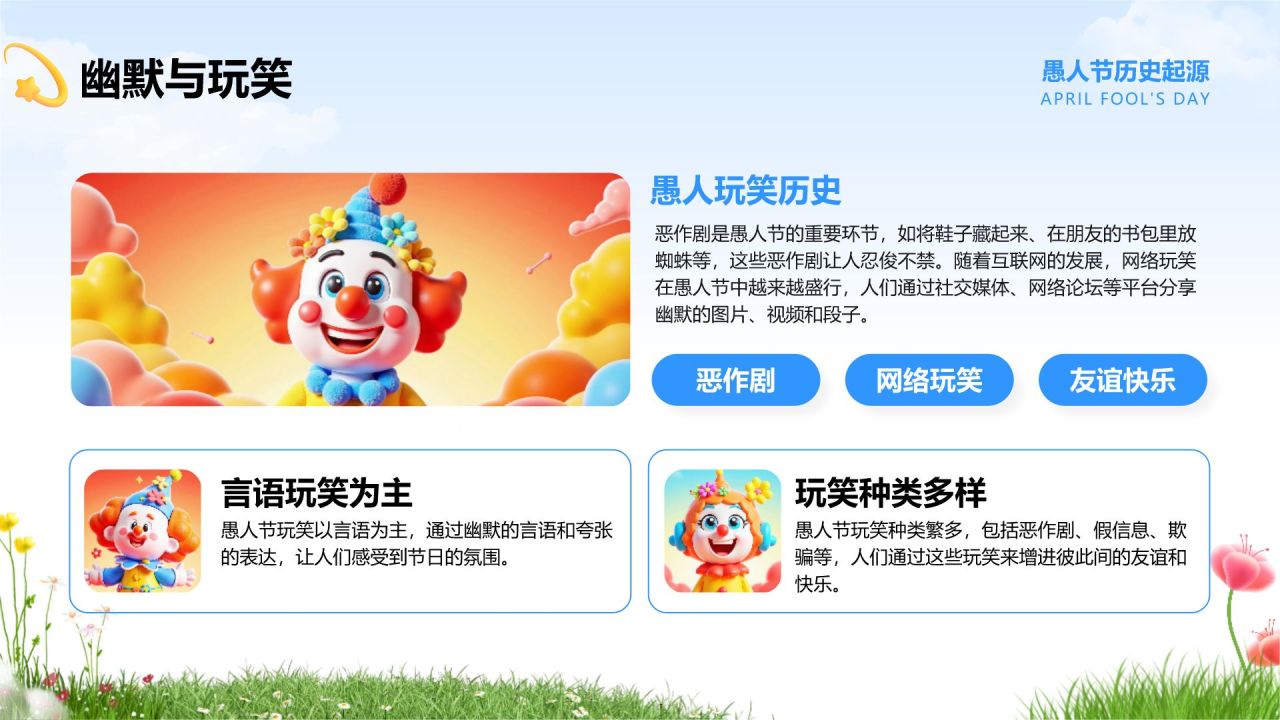 蓝色卡通风愚人节的由来与介绍PPT模板