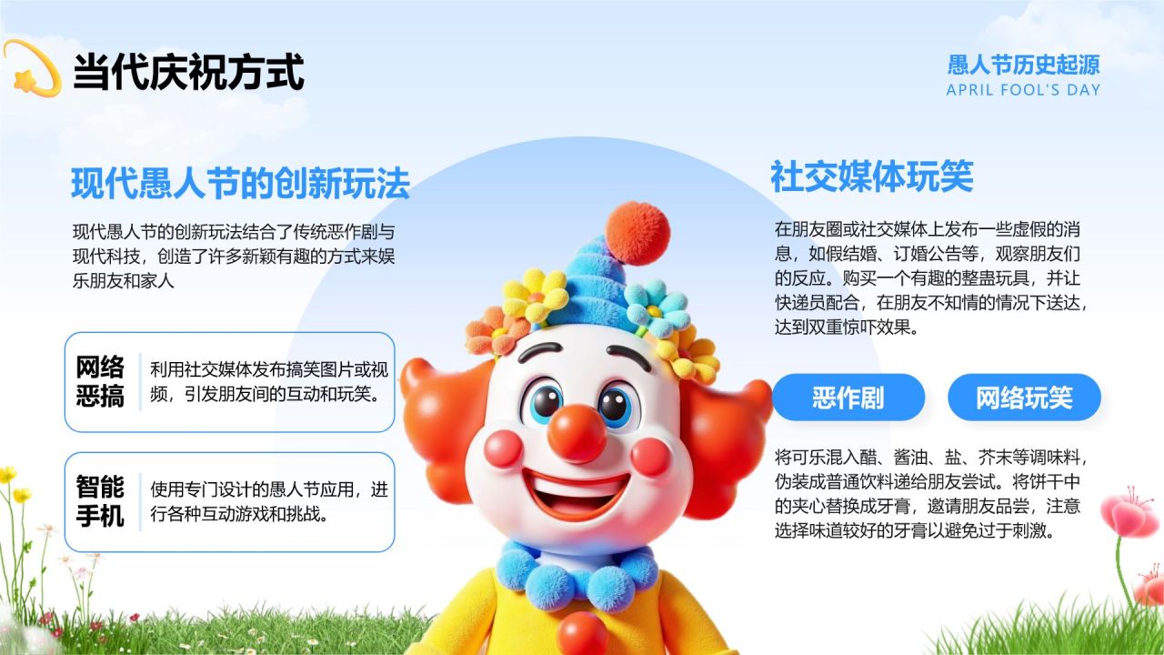 蓝色卡通风愚人节的由来与介绍PPT模板