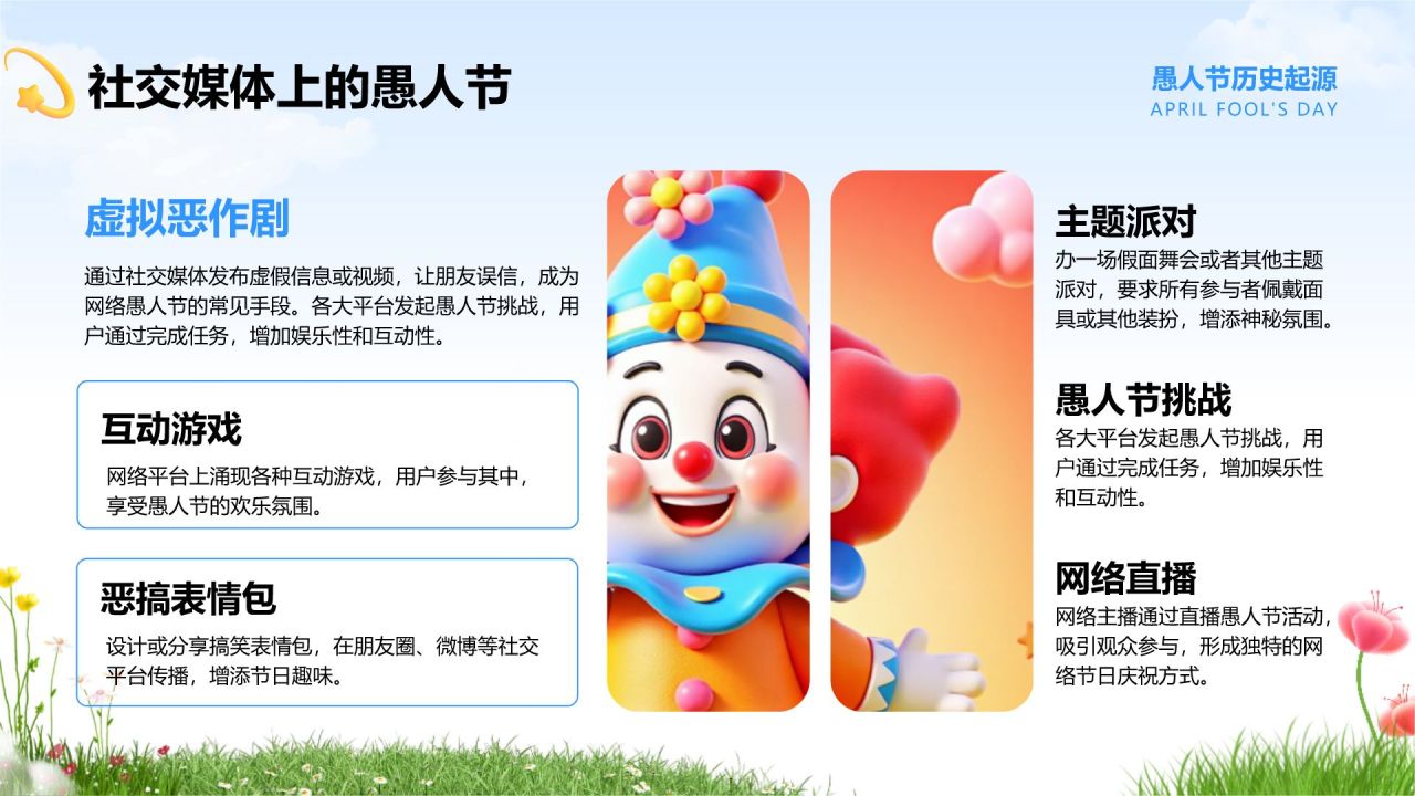 蓝色卡通风愚人节的由来与介绍PPT模板