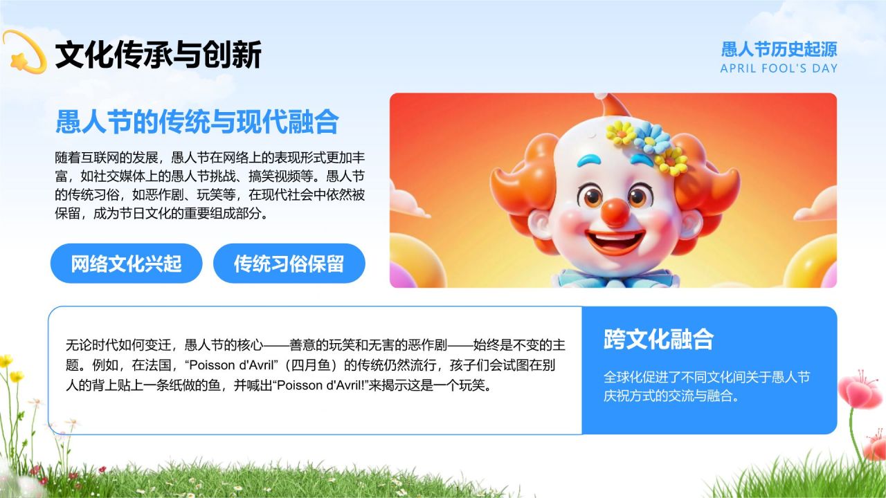 蓝色卡通风愚人节的由来与介绍PPT模板