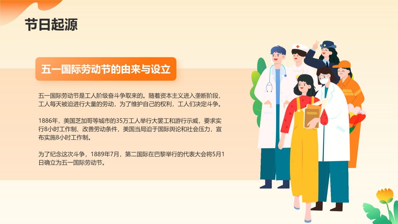 橙色插画风五一国际劳动节文化介绍PPT模板
