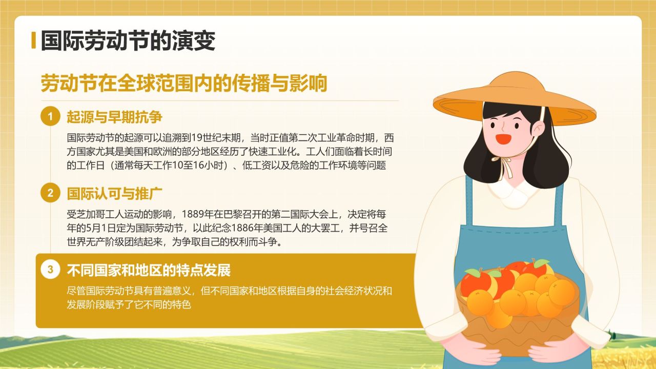 黄色插画风五一国际劳动节文化介绍PPT模板
