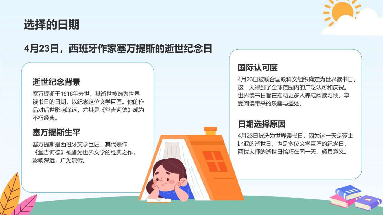 蓝色卡通风世界读书日的由来与意义PPT模板