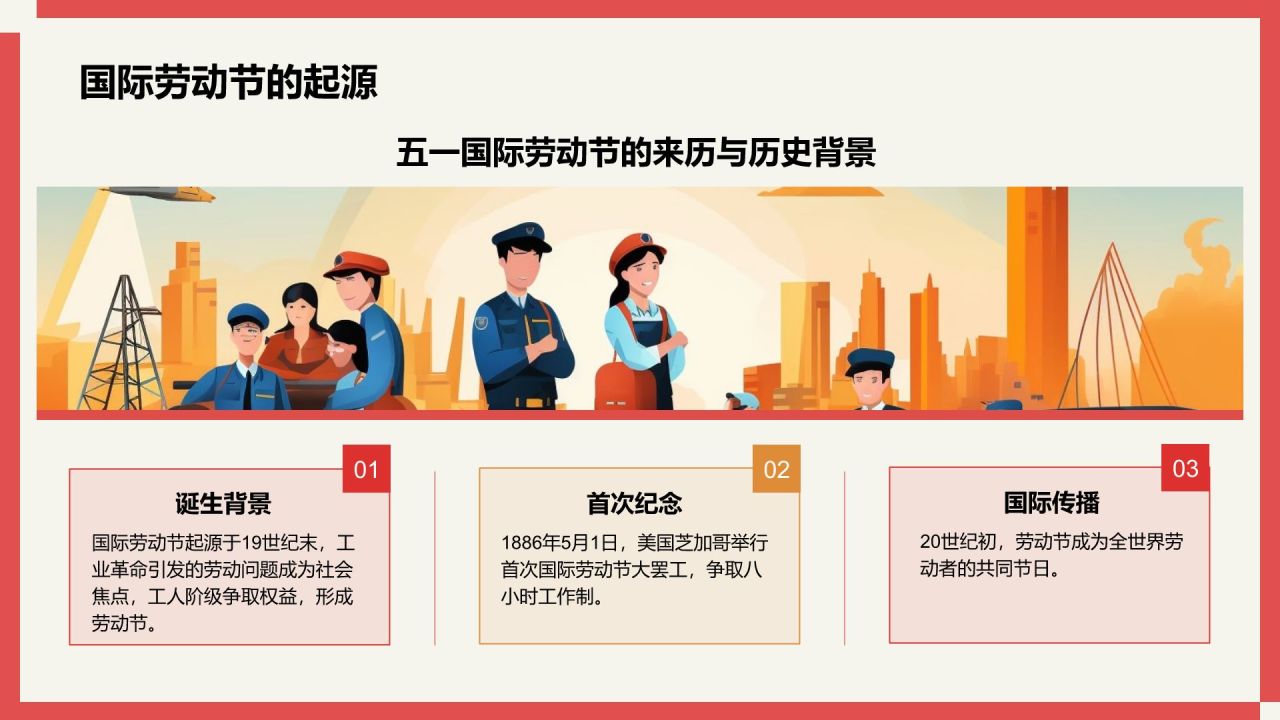 红色插画风国际劳动节介绍PPT模板