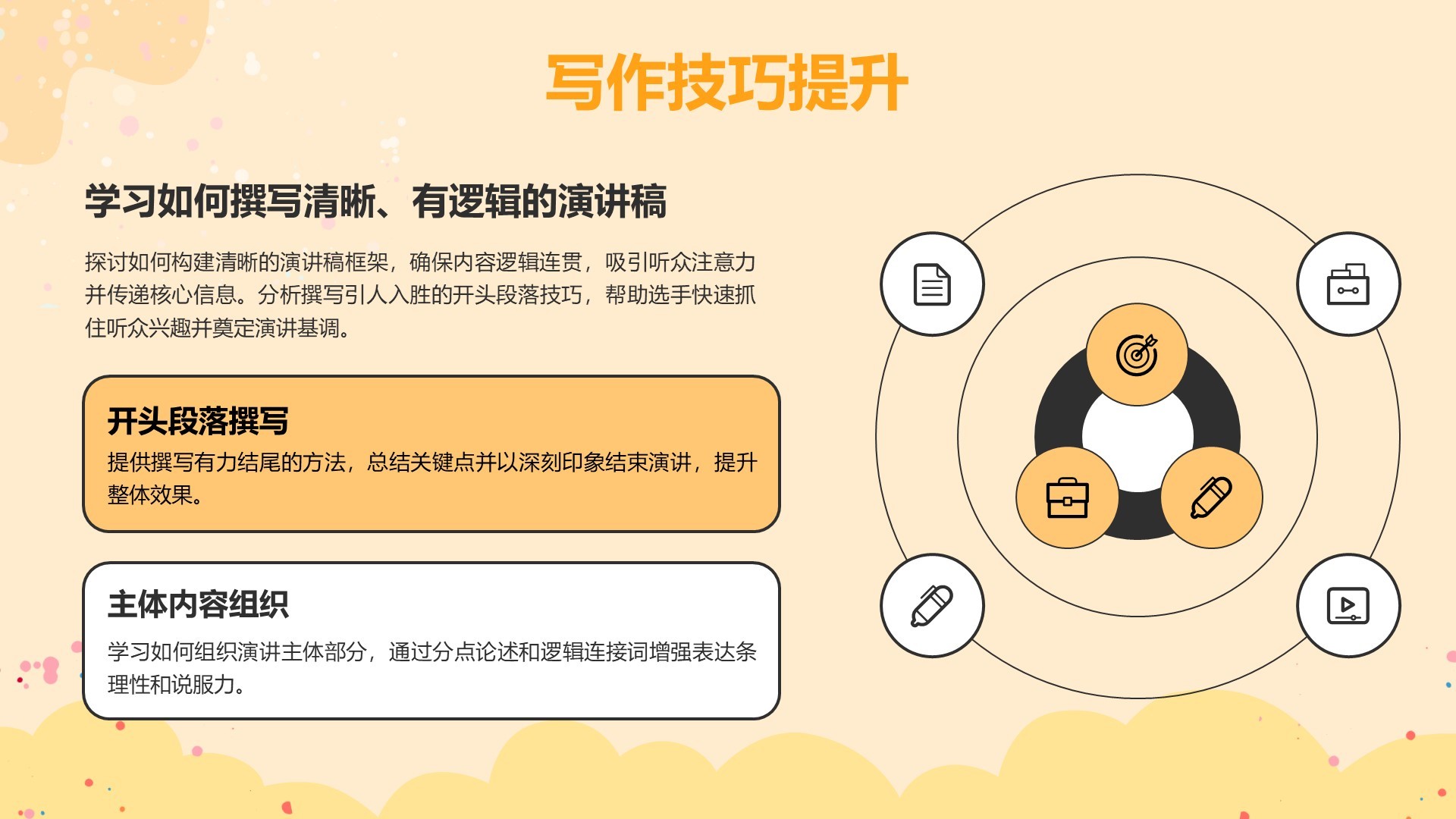 橙色插画风英语演讲比赛的应对技巧PPT模板
