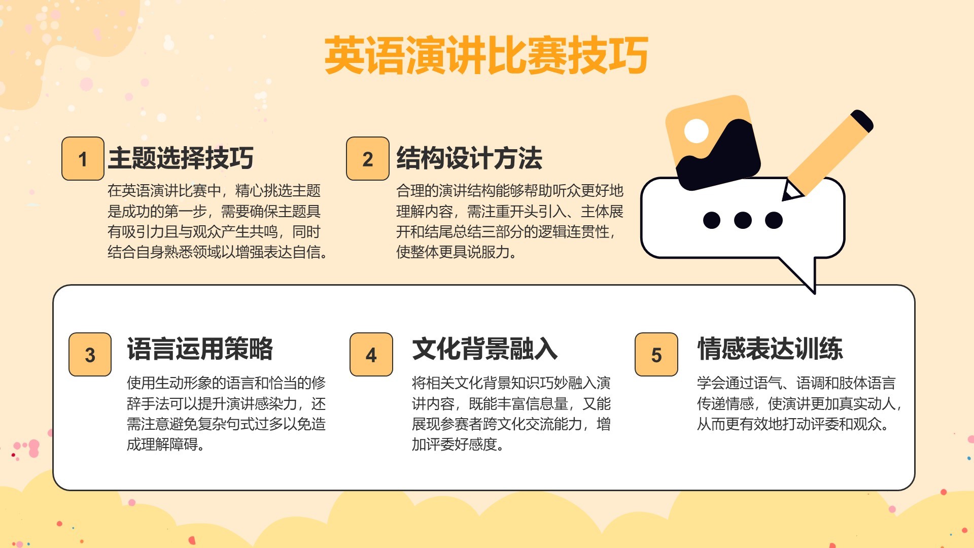 橙色插画风英语演讲比赛的应对技巧PPT模板