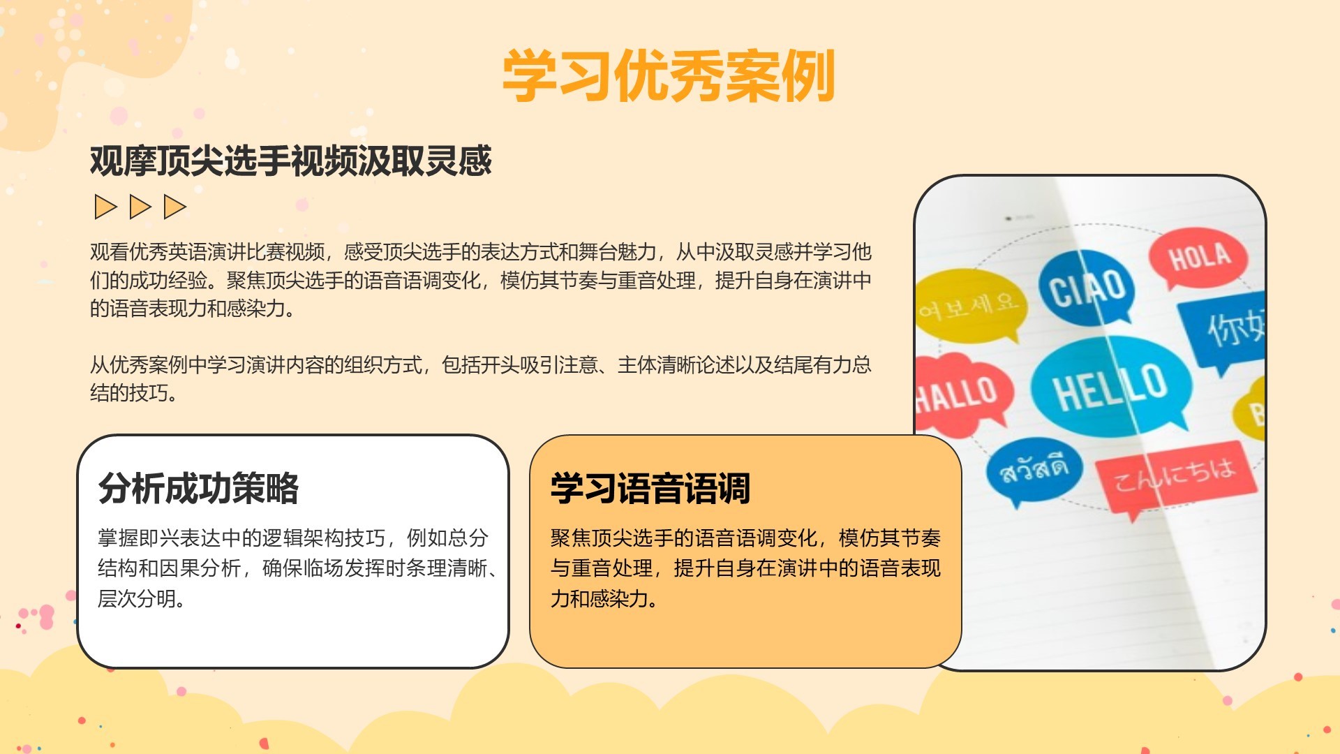橙色插画风英语演讲比赛的应对技巧PPT模板