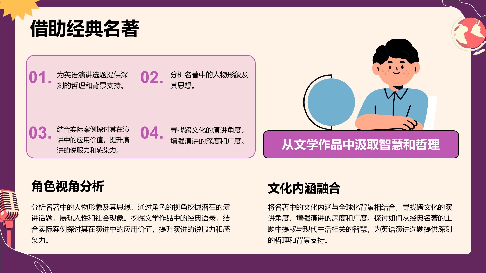 紫色插画风英语演讲比赛选题技巧PPT模板