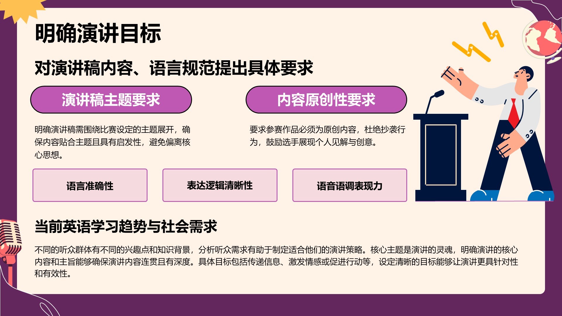 紫色插画风英语演讲比赛选题技巧PPT模板