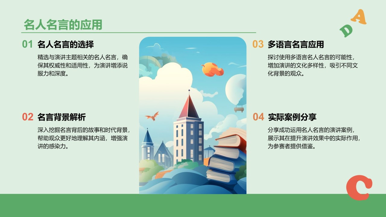 绿色插画风英语演讲比赛内容组织PPT模板