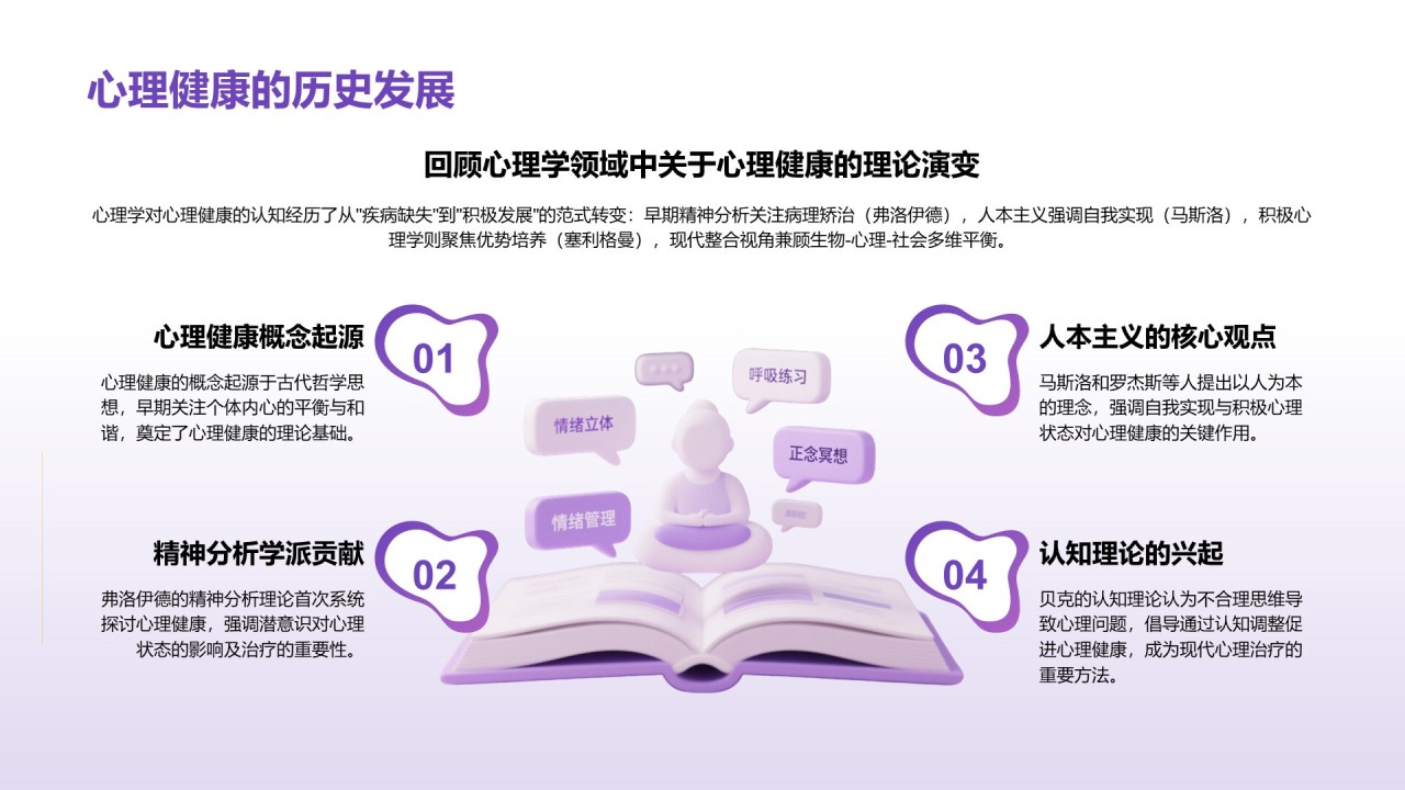 紫色3D渲染风心理健康知识分享PPT模板
