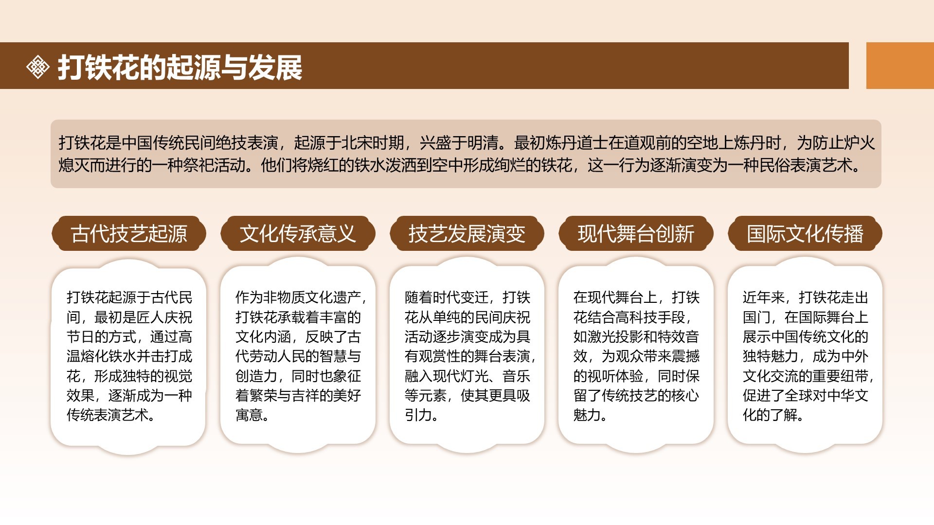 橙色中国风打铁花舞台表演活动方案PPT模板